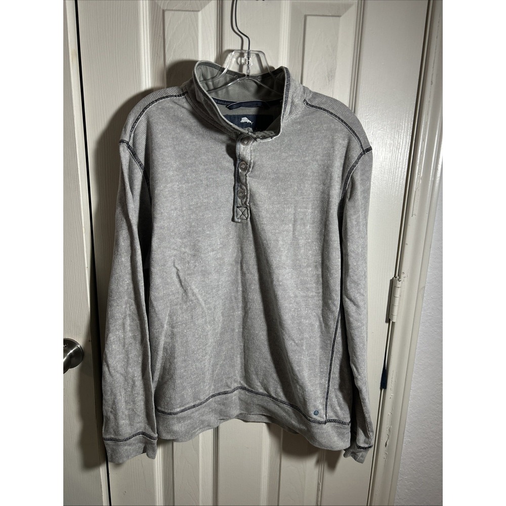 Tommy Bahama Shirt Mens Medium Gray Mock Neck Henley Snap Pullover Casual Logo